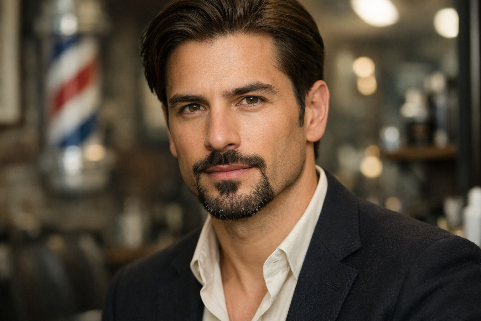 Barba balbo com bigode desconectado em homem com rosto diamante e cabelos lisos