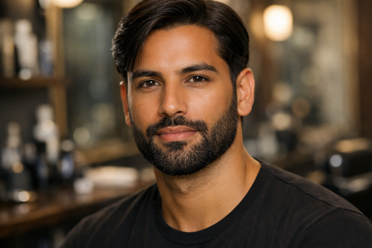 Barba cheia uniforme em homem com rosto oval e cabelos castanhos escuros