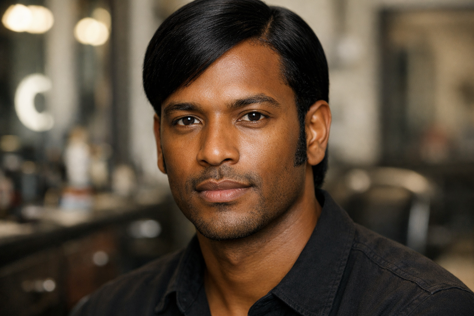 Costeletas médias simétricas em homem com rosto oblongo e cabelos lisos