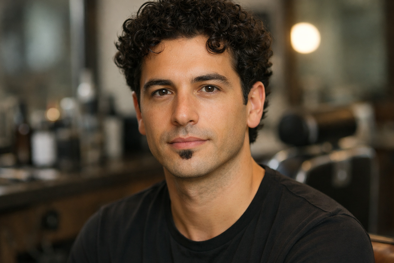 Soul patch pequeno e definido em homem com rosto oval e cabelos castanhos