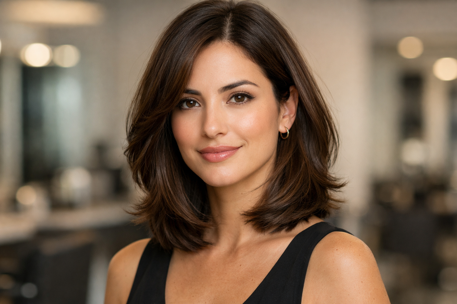 Lob com camadas internas em mulher brasileira com rosto oval e cabelo castanho