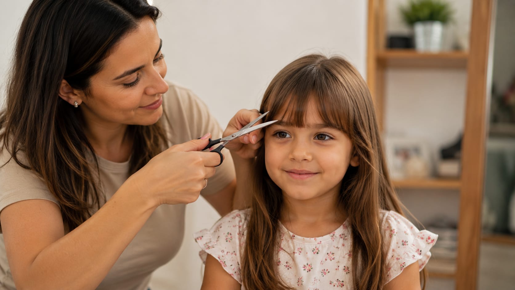 Mulher usando uma tesoura para cortar com cuidado a franja de uma menina sorridente em um ambiente doméstico.