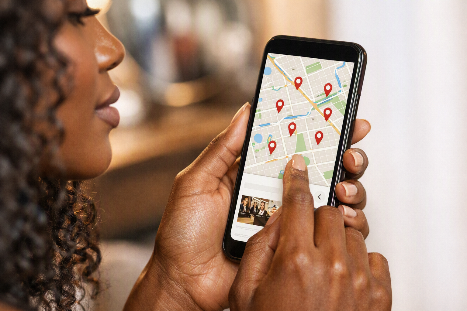 Cliente buscando salão de beleza no celular em aplicativo de mapas