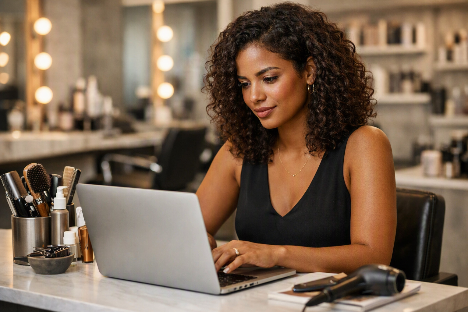 Proprietária de salão trabalhando em laptop criando presença digital
