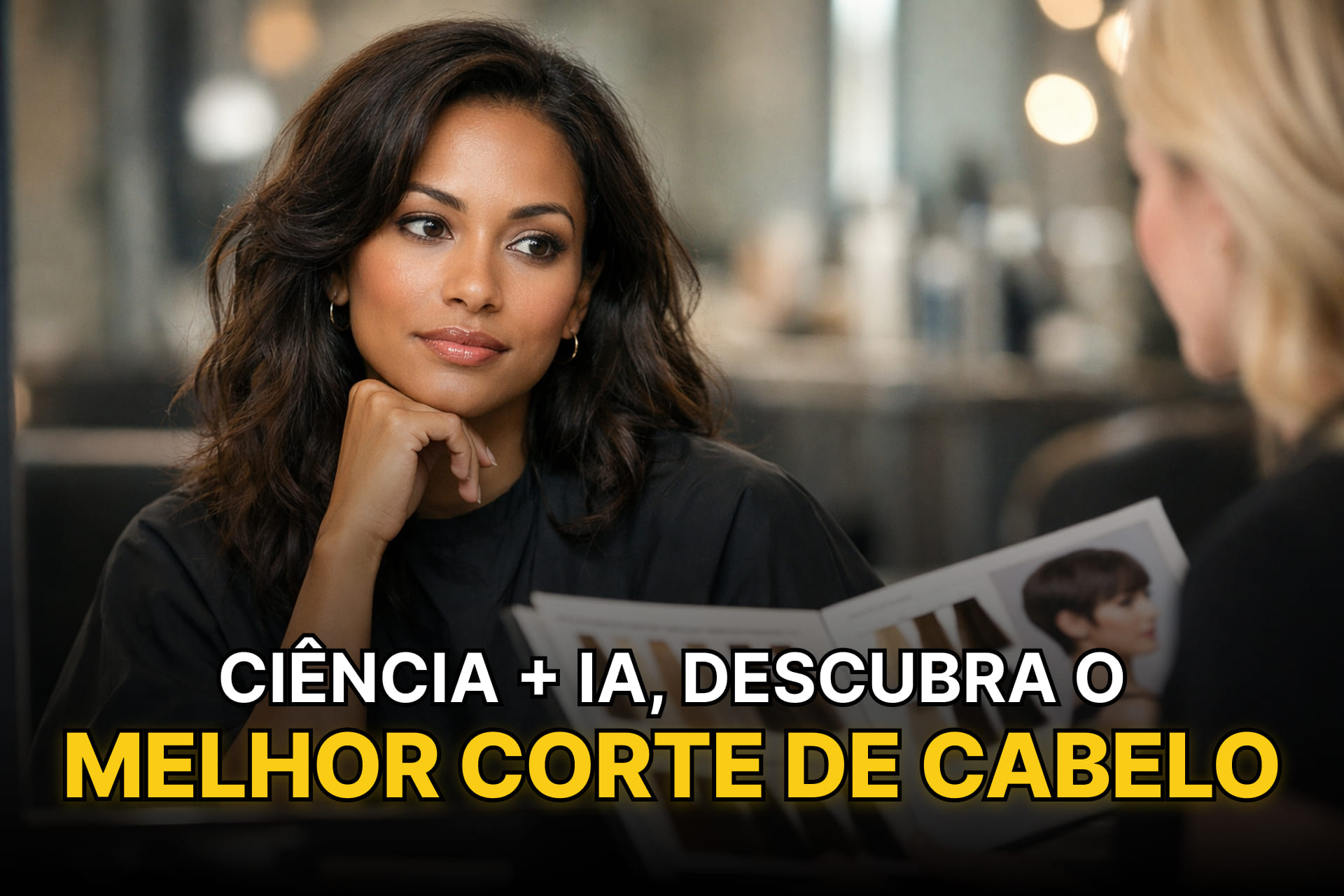 Mulher com rosto oval observando diferentes opções de corte em espelho iluminado de salão