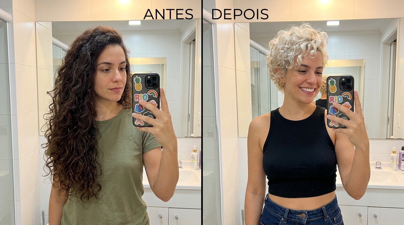 antes e depois de mulher com cabelo longo castanho para curto loiro platinado cacheado