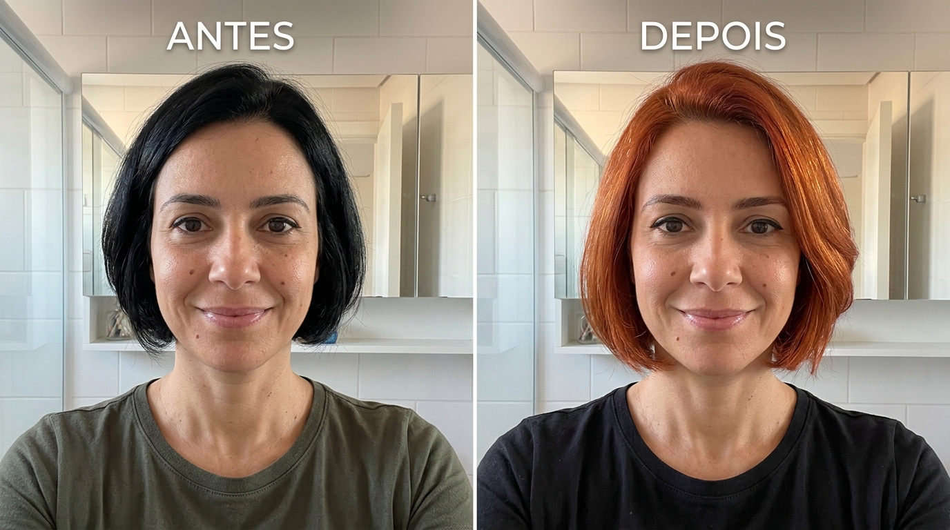 antes e depois de mulher com cabelo curto preto para ruivo acobreado. Texto: Antes e Depois.