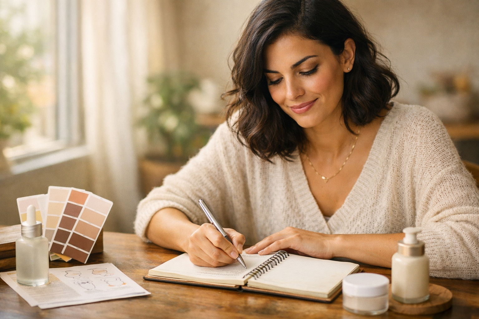 Mulher brasileira fazendo uma autoanálise do seu contraste pessoal em casa