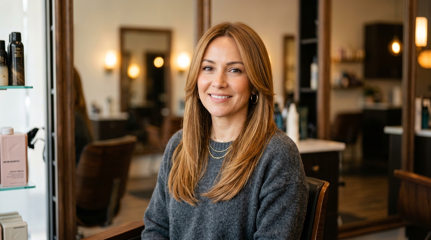 Face framing layers em cabelo longo liso emoldurando rosto oval e criando linhas diagonais