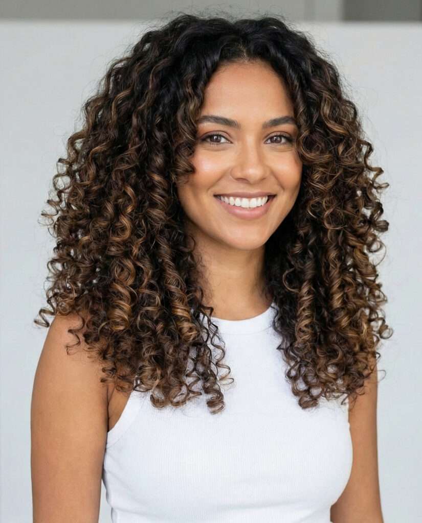 Mulher com cabelo castanho cacheado longo