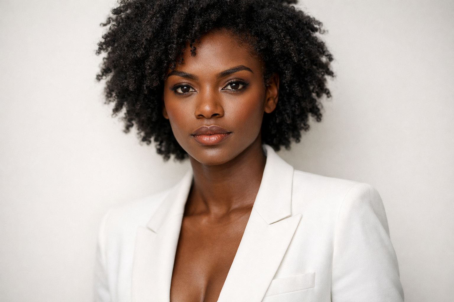 Mulher brasileira de pele escura e cabelo preto demonstrando contraste pessoal alto