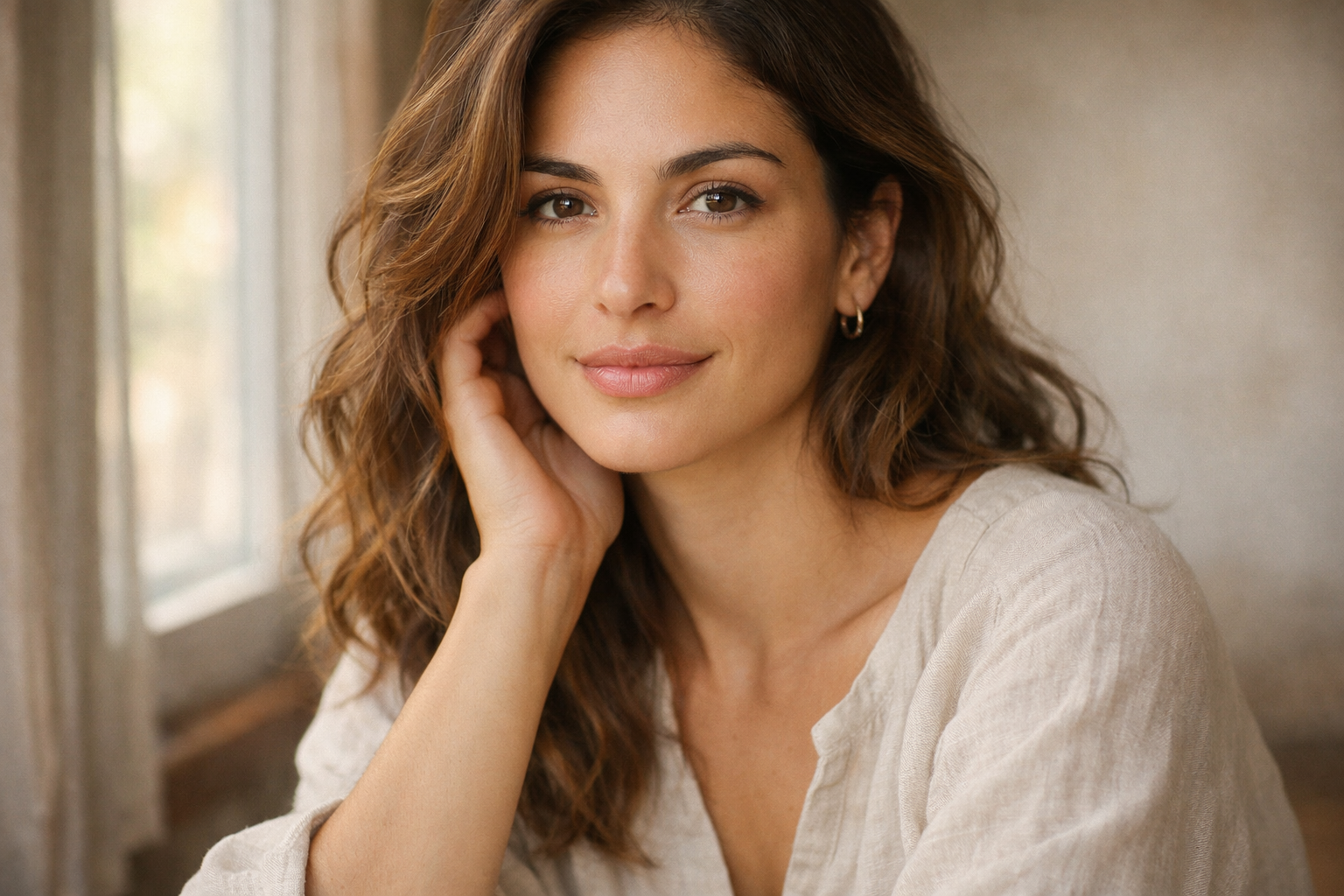 Mulher brasileira de pele clara e cabelo mel demonstrando contraste pessoal baixo