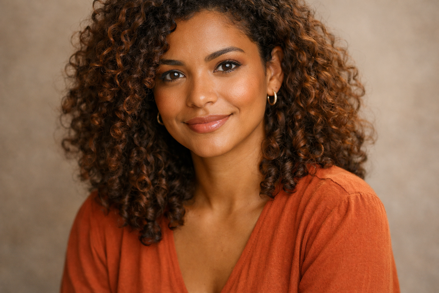 Mulher brasileira de pele morena e cabelo castanho demonstrando contraste pessoal médio