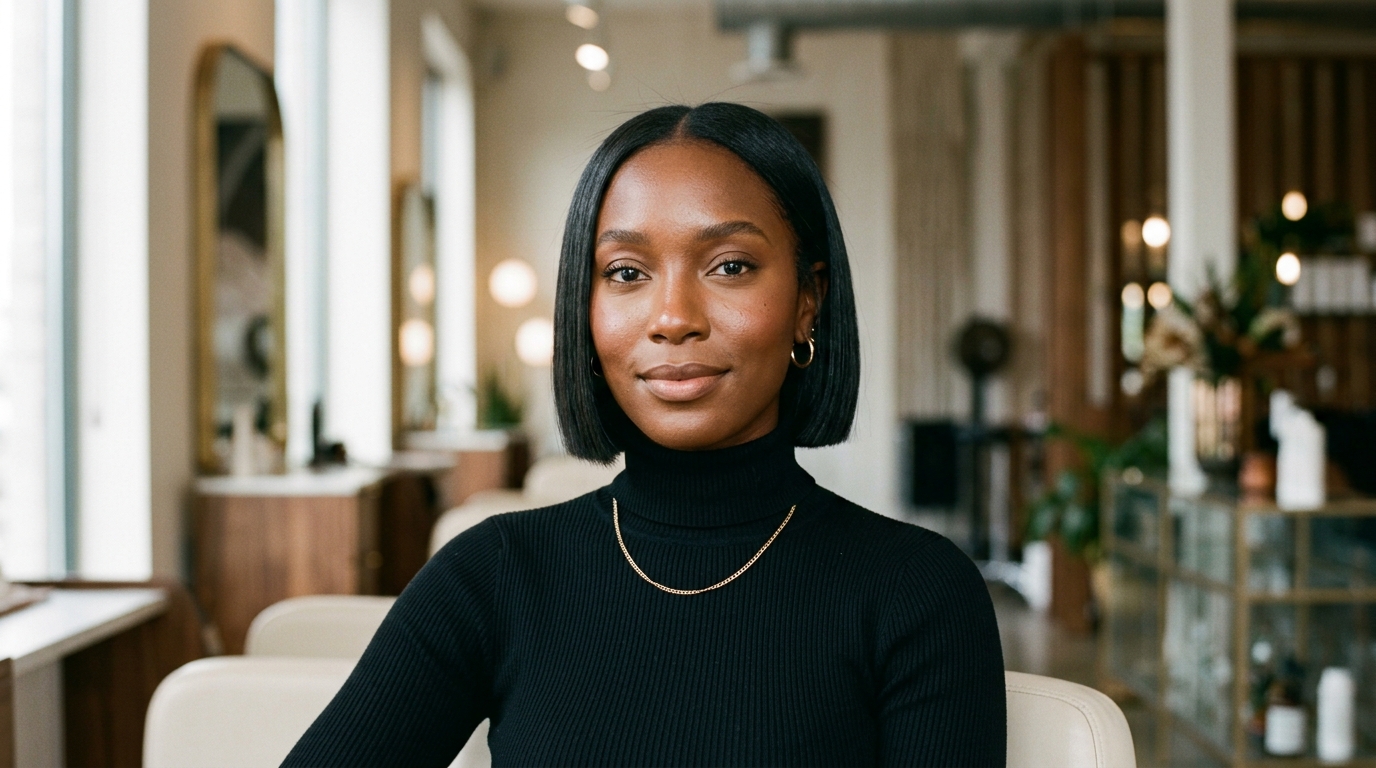 Bob curto reto na altura da mandíbula em mulher com rosto oval e cabelo liso escuro