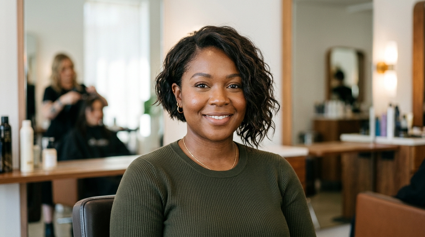 Bob assimétrico com lado mais longo na frente em mulher com rosto redondo e cabelo ondulado