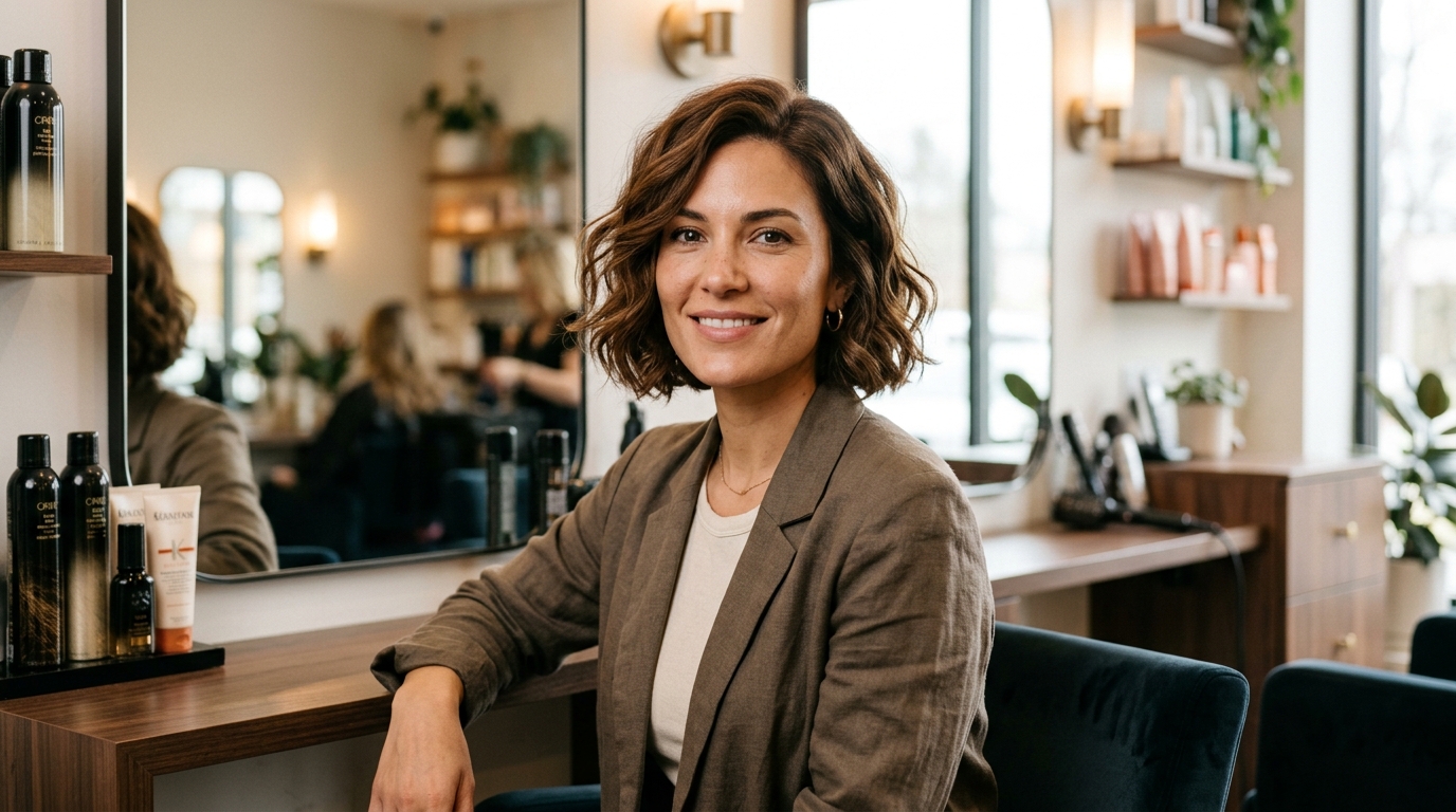 Bob curto com ondas suaves em mulher com rosto quadrado e cabelo castanho médio
