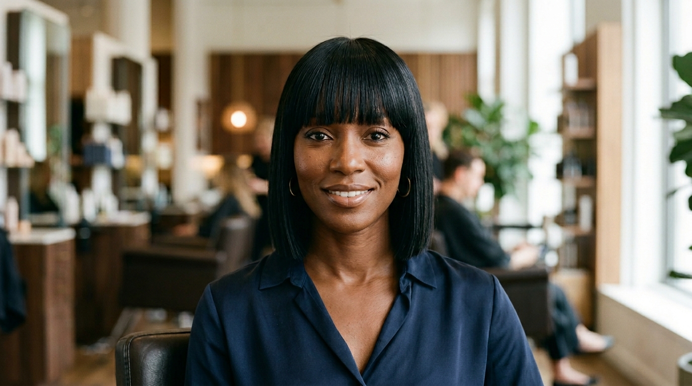 Bob curto na altura do queixo com franja cheia em mulher com rosto alongado e cabelo liso preto