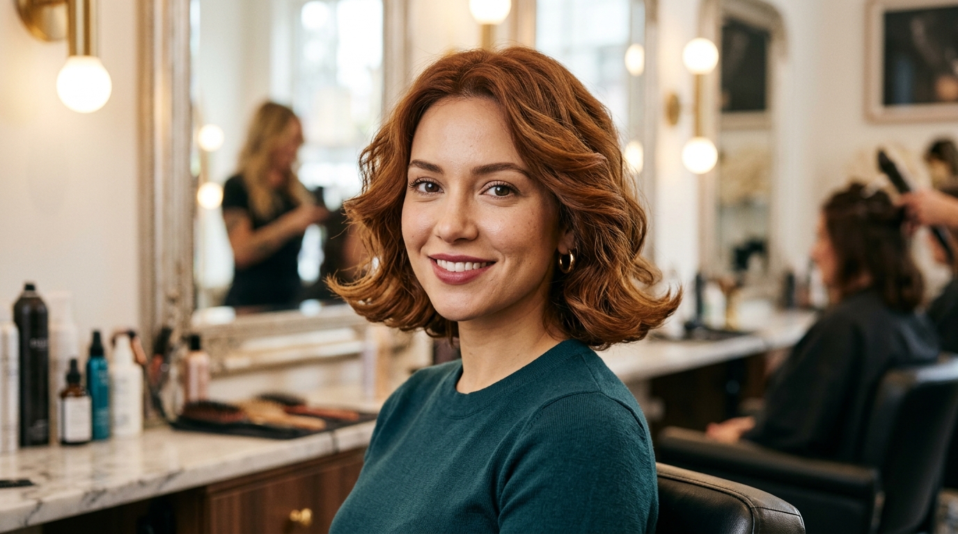 Bob ondulado com pontas viradas para fora em mulher com rosto coração e cabelo castanho avermelhado