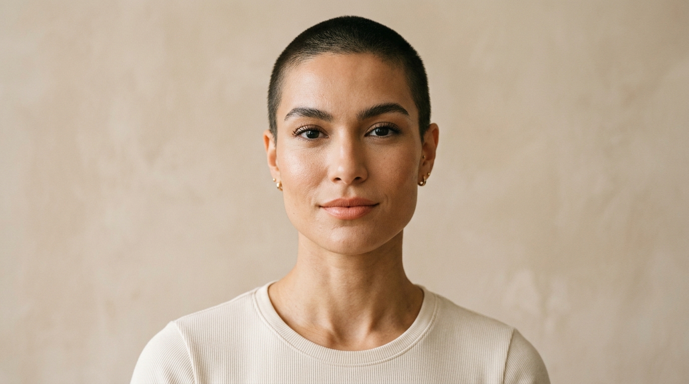 Buzz cut curto estilizado em mulher com rosto quadrado e pele morena clara