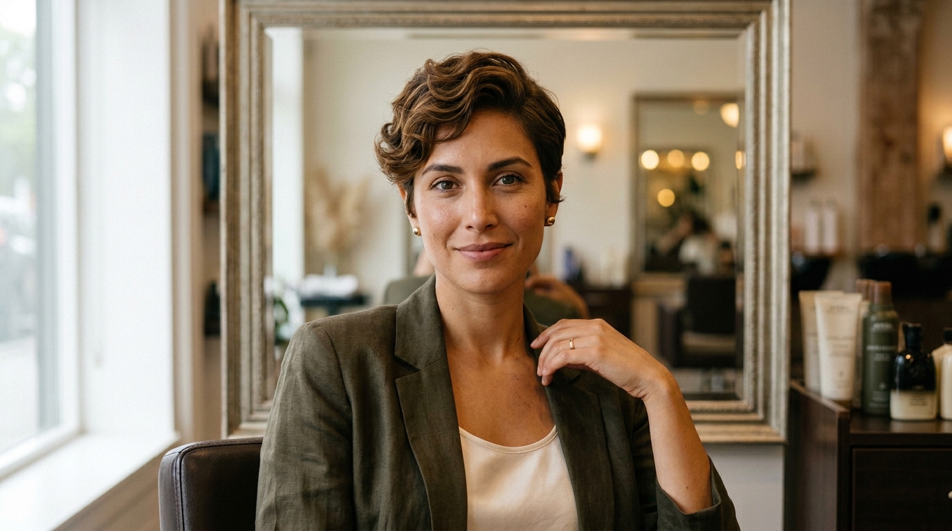 Pixie clássico com volume no topo em mulher com rosto oval e cabelos castanhos ondulados