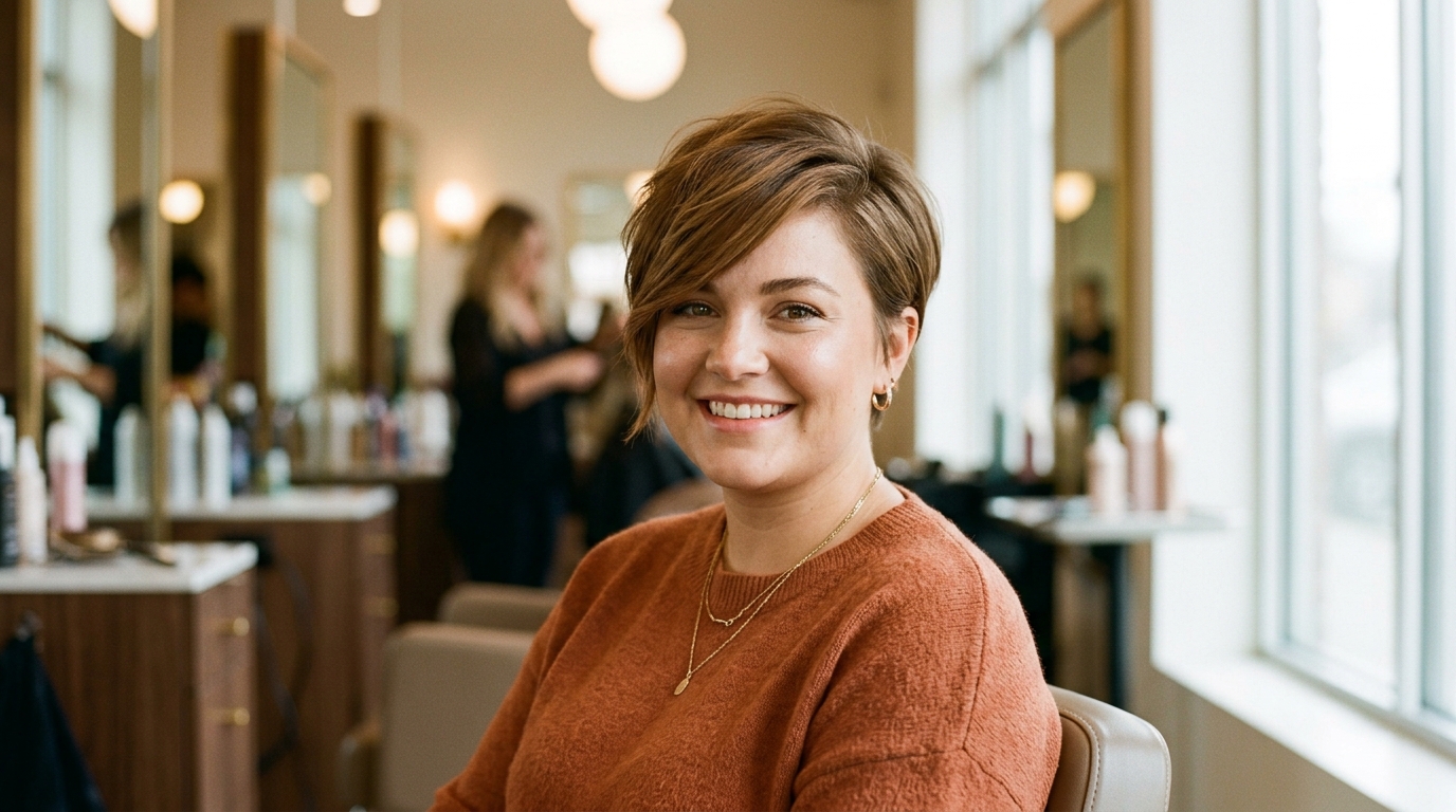 Pixie com franja lateral longa em mulher com rosto redondo e cabelos castanhos claros