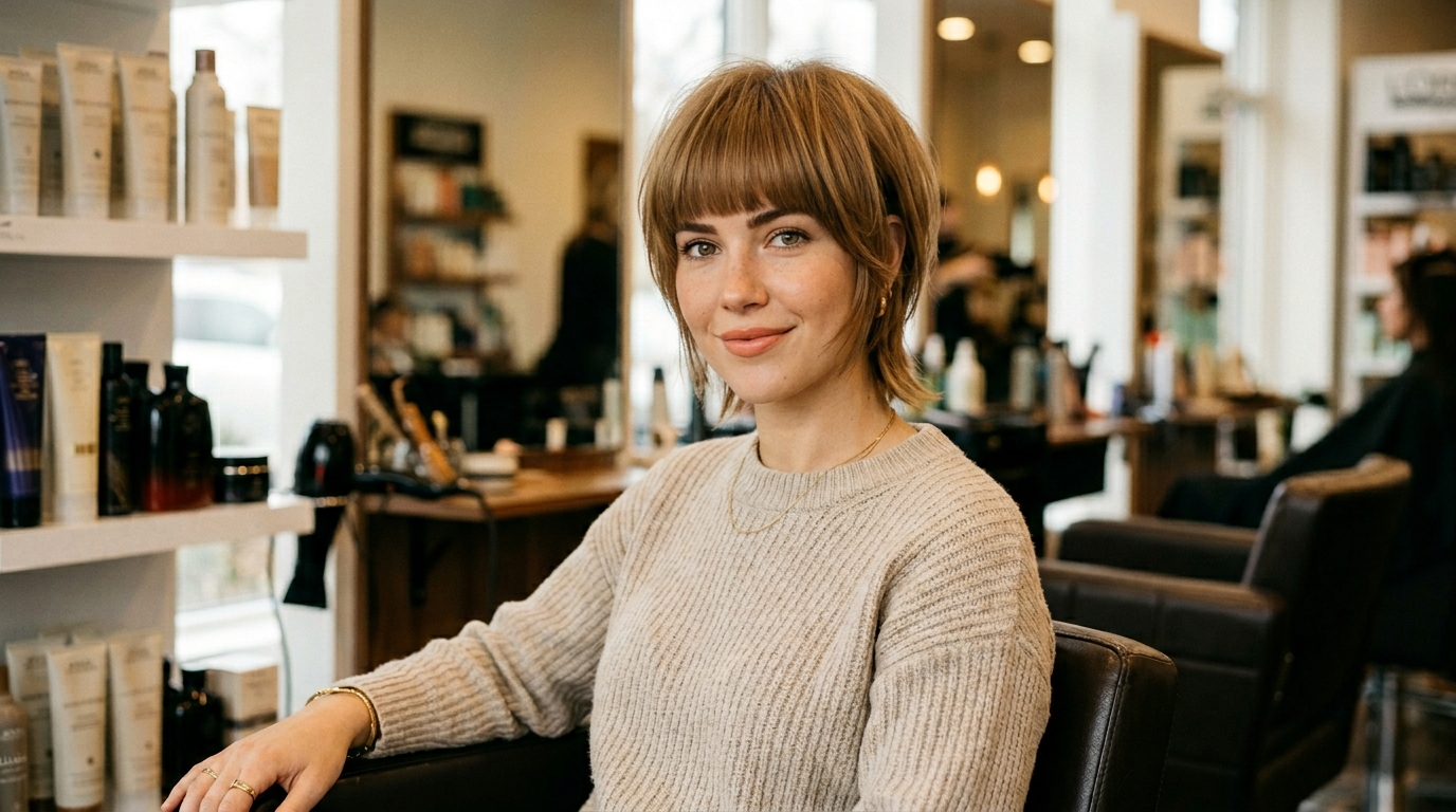 Pixie com franja cheia e nuca curta em mulher com rosto coração e cabelo loiro médio