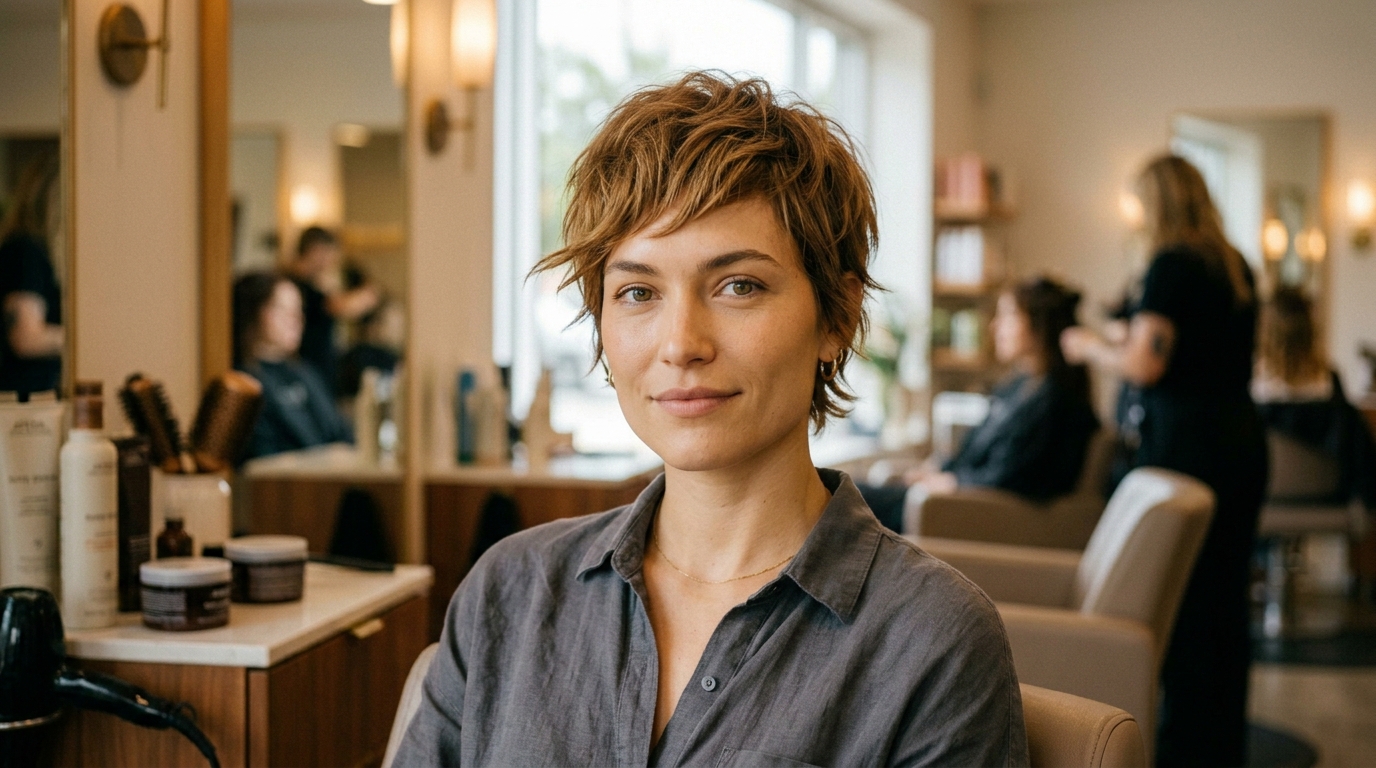 Pixie texturizado com pontas desfiadas em mulher com rosto quadrado e cabelo loiro escuro