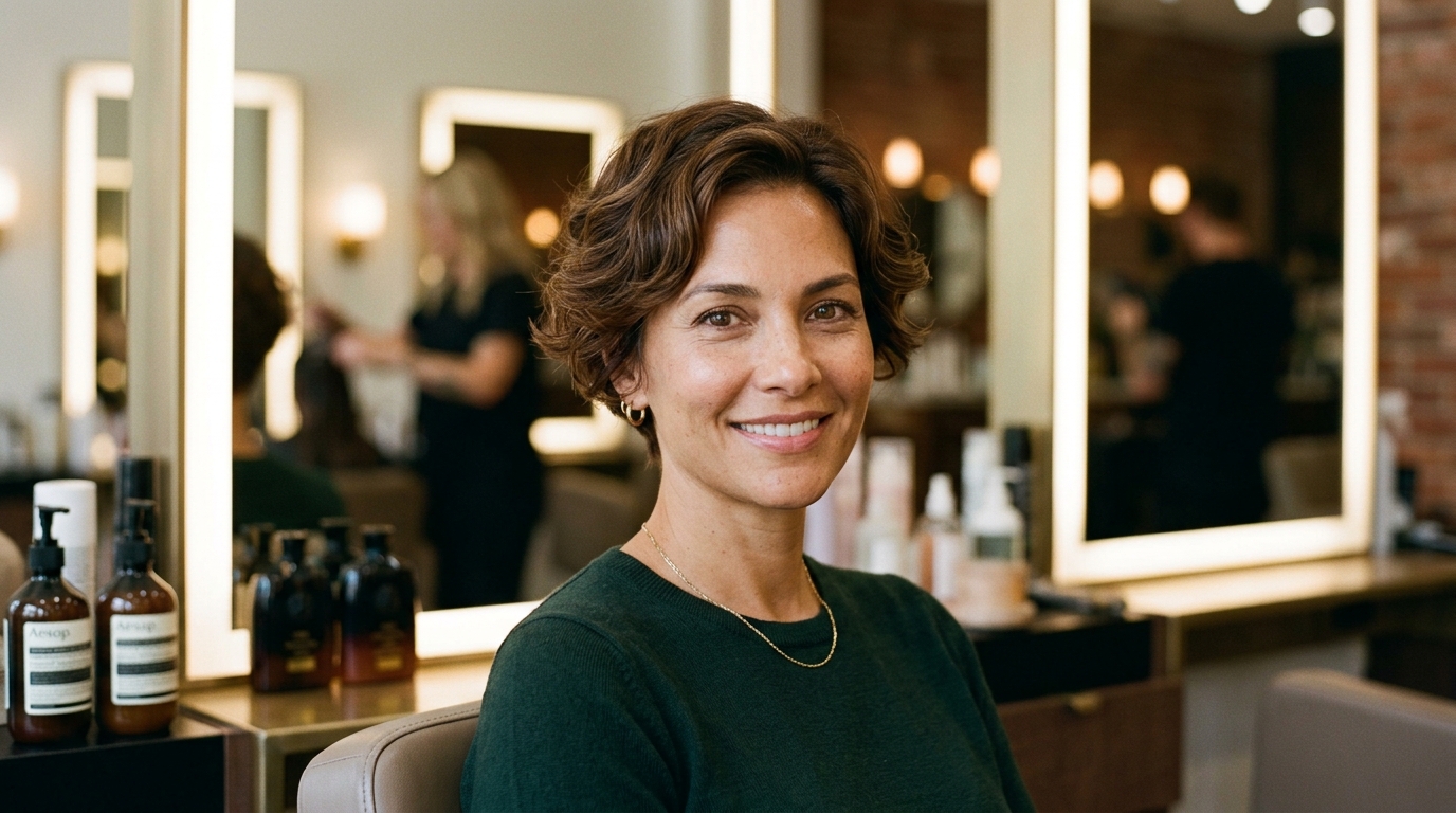 Pixie com volume nas laterais em mulher com rosto alongado e cabelo castanho ondulado