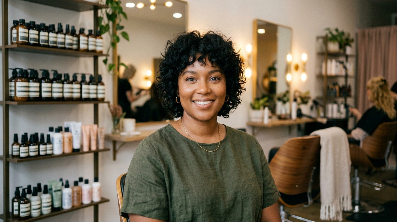 Shag curto com camadas texturizadas em mulher com rosto redondo e cabelo cacheado escuro