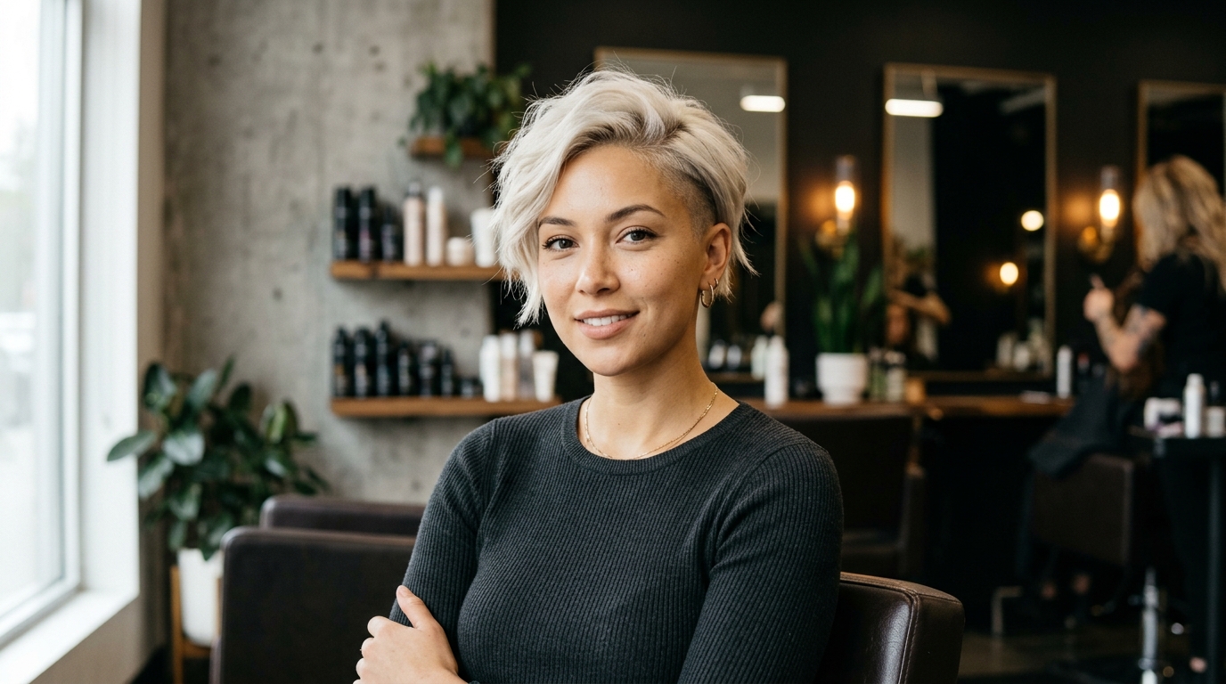 Undercut feminino com lateral raspada e volume no topo em mulher com rosto oval e cabelo platinado