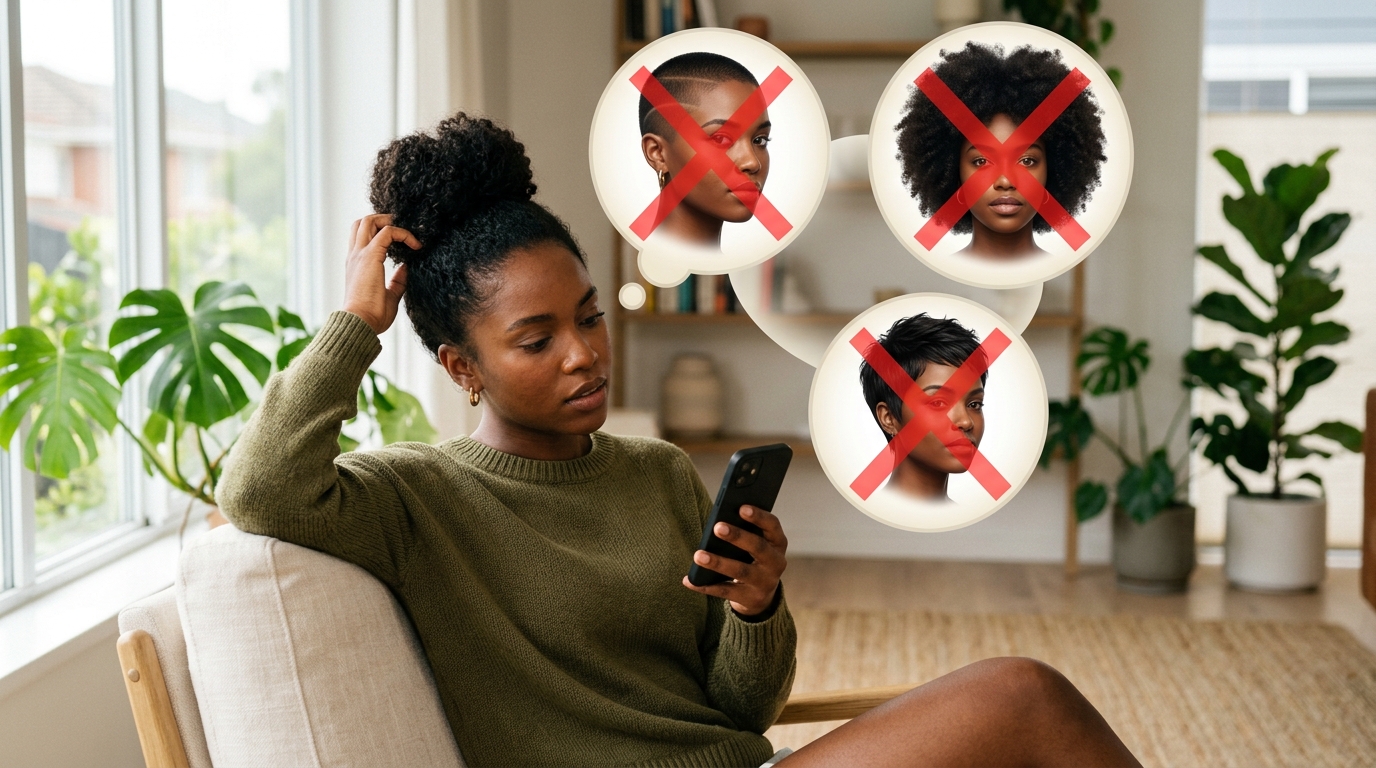 mulher em dúvida no celular com opções de cortes curto, afro e raspado riscadas.