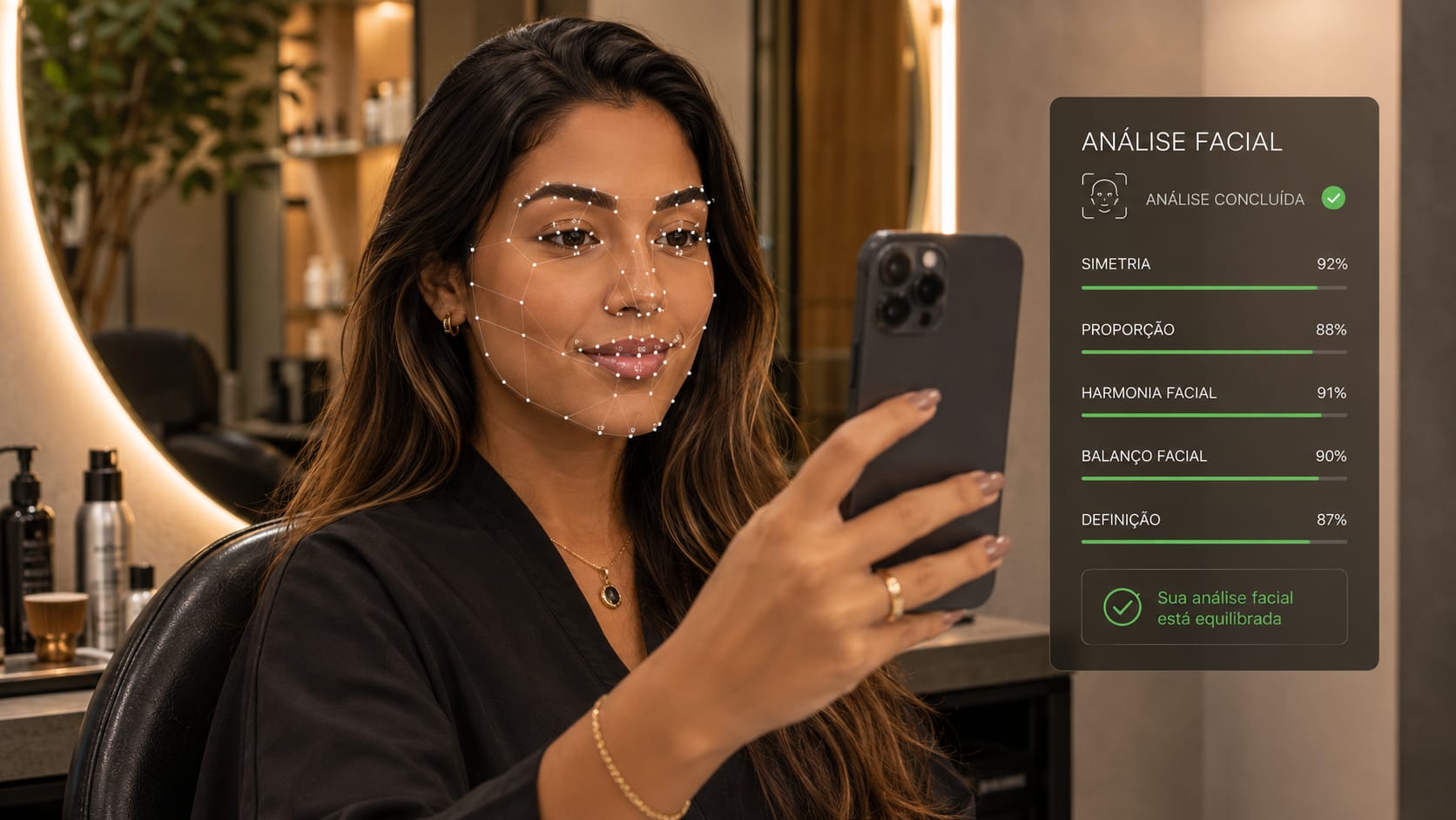 Mulher sorri ao usar app de visagismo gratuito no celular para análise facial. Tela exibe simetria 92% e proporção 88%.
