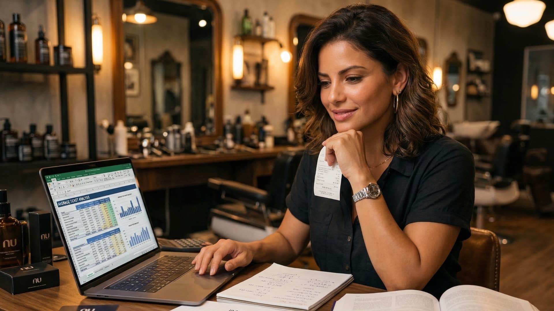 Dona de salão estudando para calcular o ticket médio dela