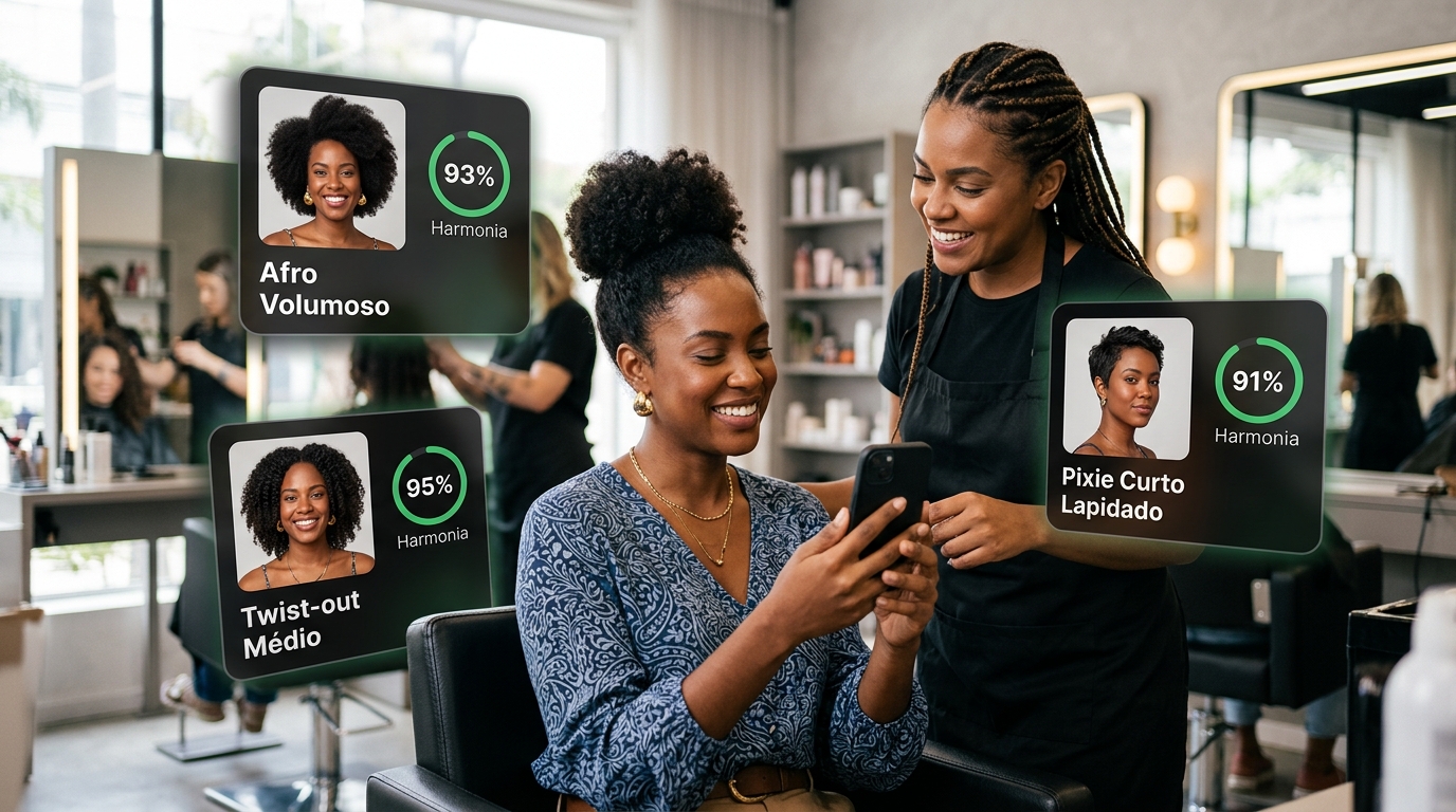 mulher no salão vê opções de simulação dos cortes: Afro Volumoso, Twist-out e Pixie com alta harmonia no celular.