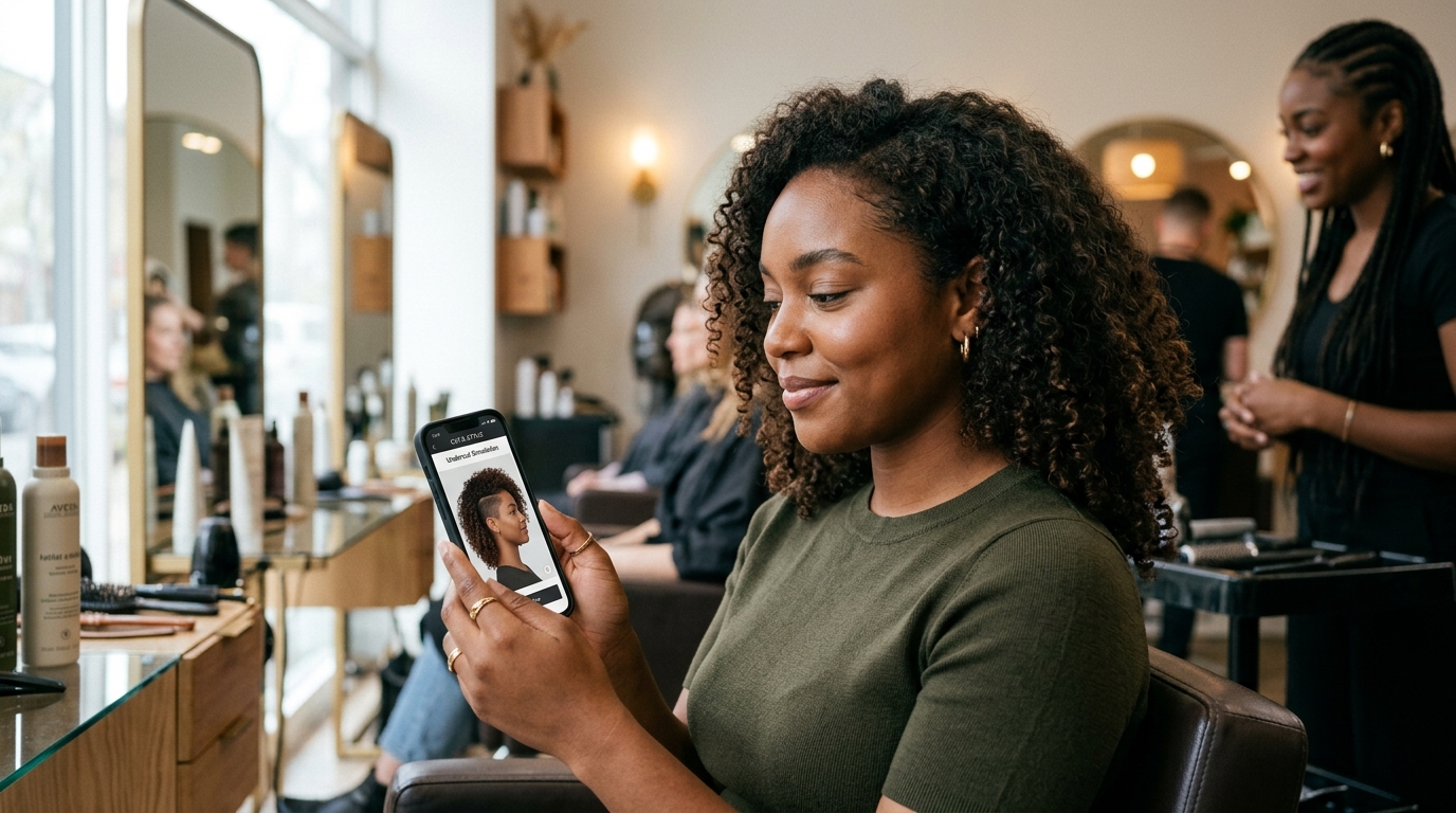 Mulher analisando resultado de simulação de undercut no celular em salão de beleza