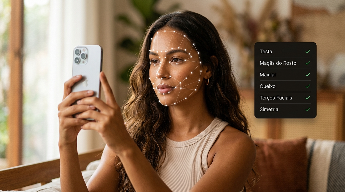 mulher usa smartphone com mapeamento facial. Texto: Testa, Maçãs do Rosto, Maxilar, Simetria.