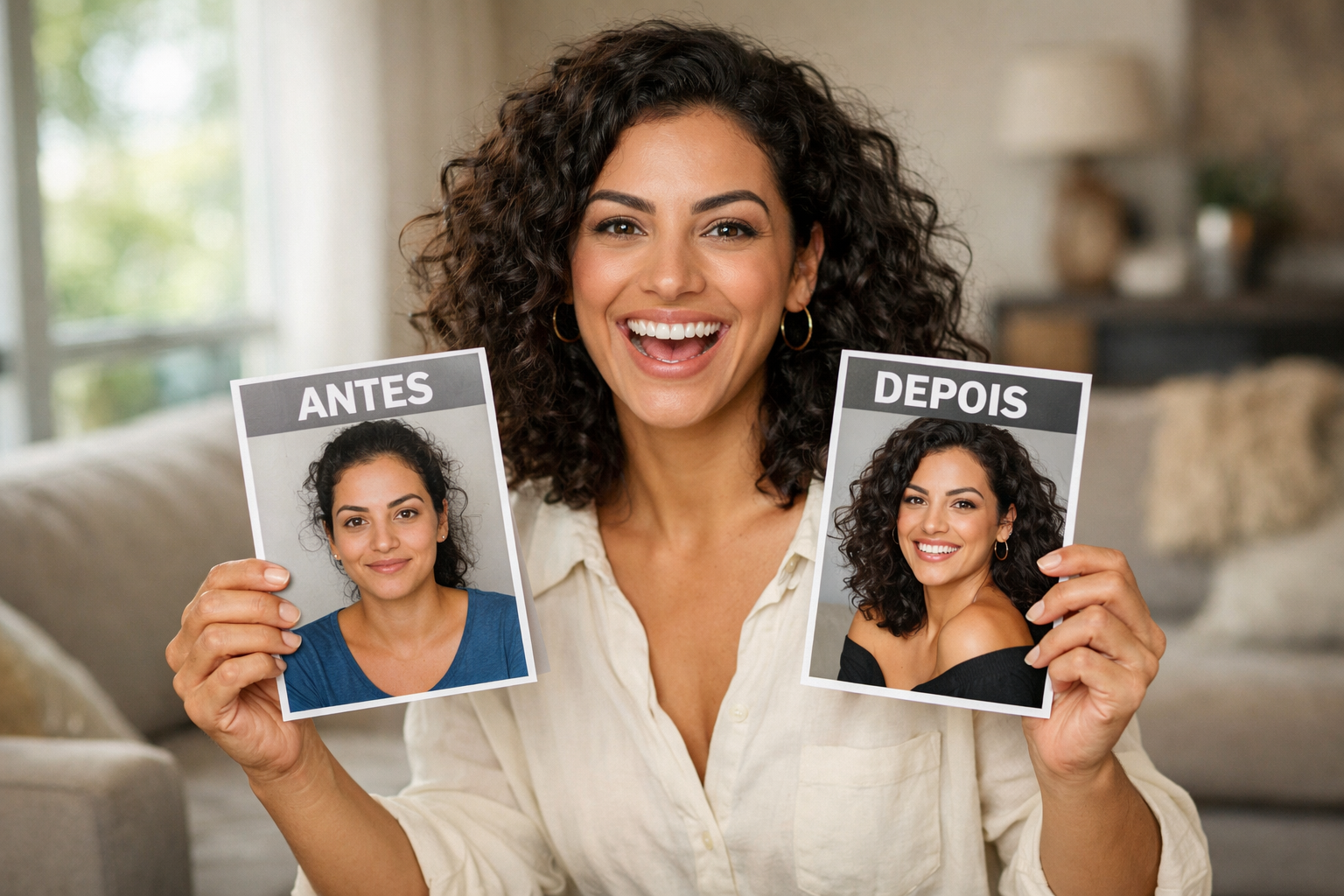 Mulher brasileira feliz comparando antes e depois de consultoria de imagem com fotos