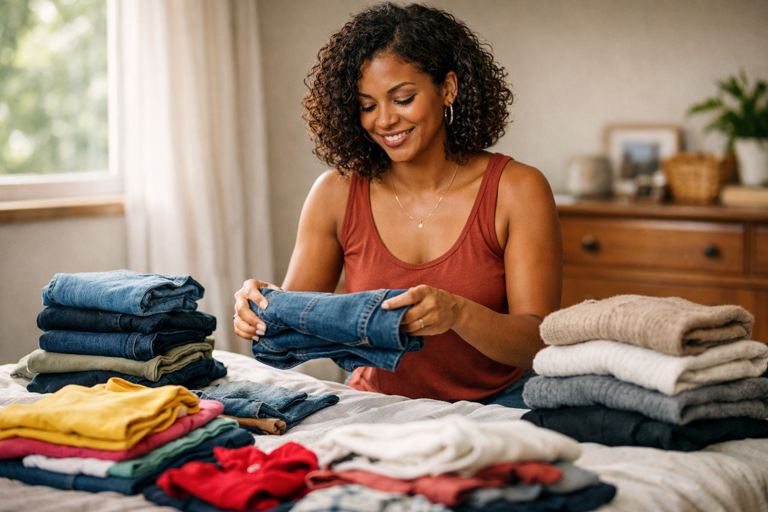 Mulher brasileira separando roupas durante auditoria de guarda-roupa em quarto iluminado