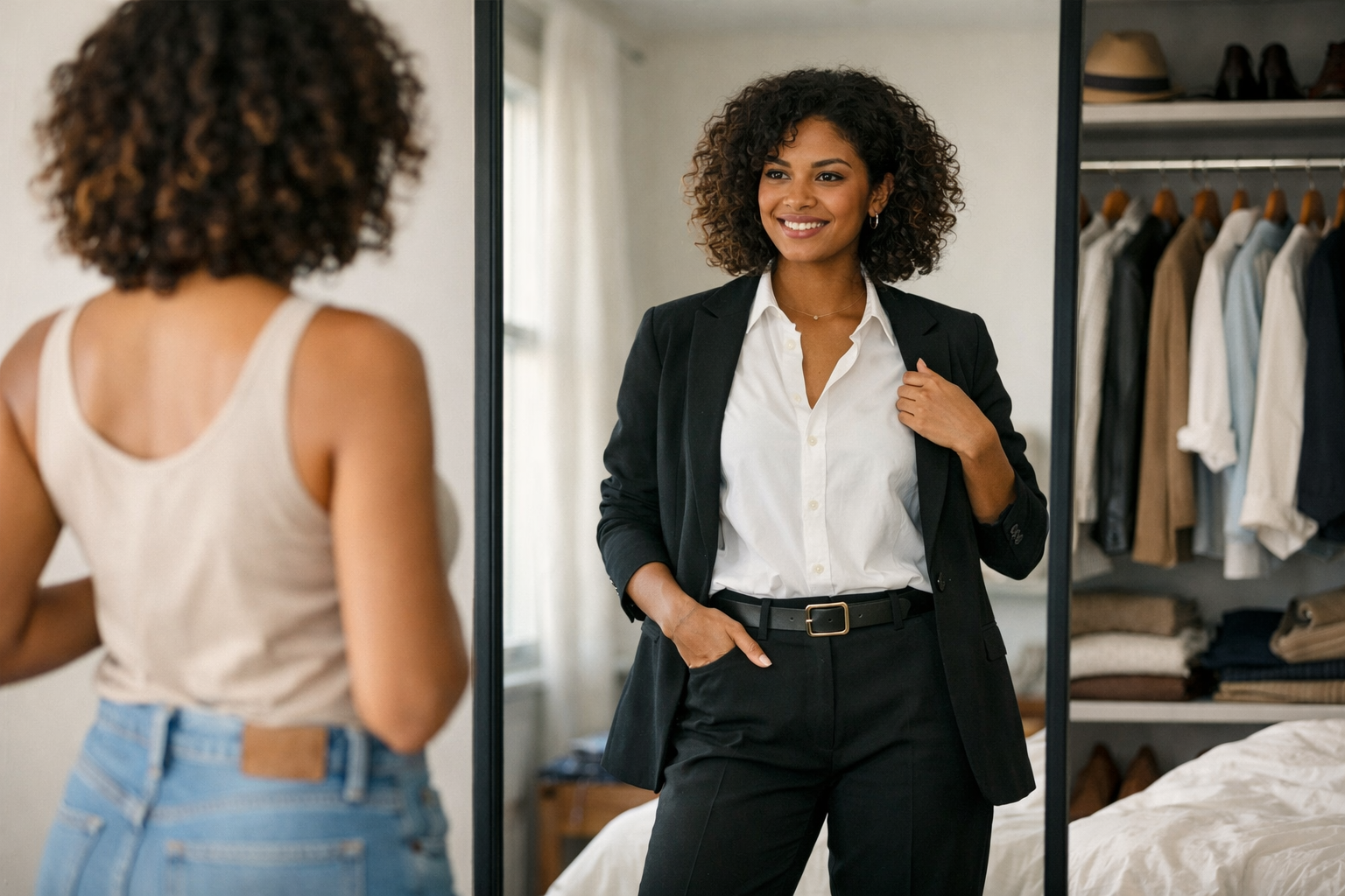 Mulher brasileira testando combinações de guarda-roupa cápsula em frente ao espelho