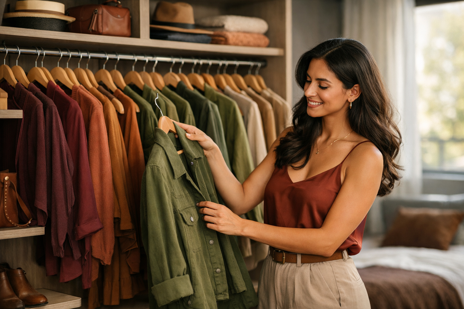 Mulher pegando sua roupa em um closet organizado com roupas separadas por cores da cartela pessoal