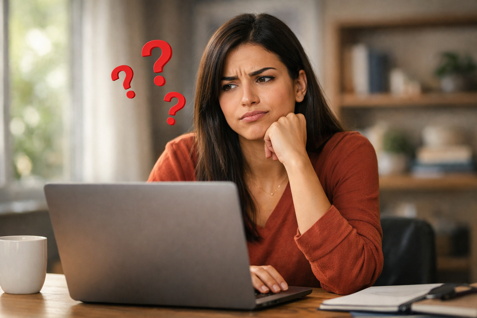 Mulher brasileira avaliando opções de consultoras de moda em laptop com expressão pensativa