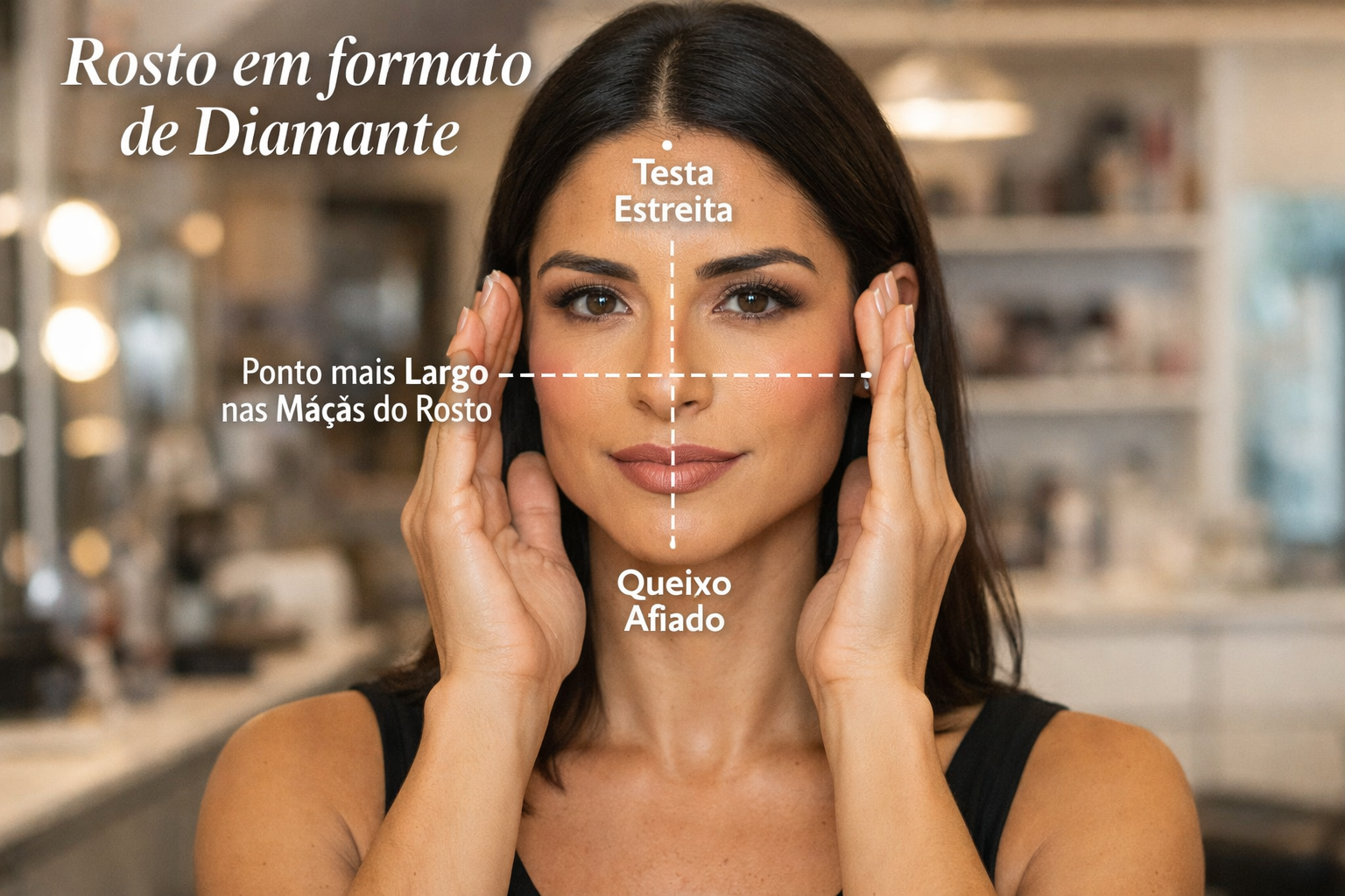 Esquema visual mostrando pontos de medição do rosto diamante em mulher brasileira