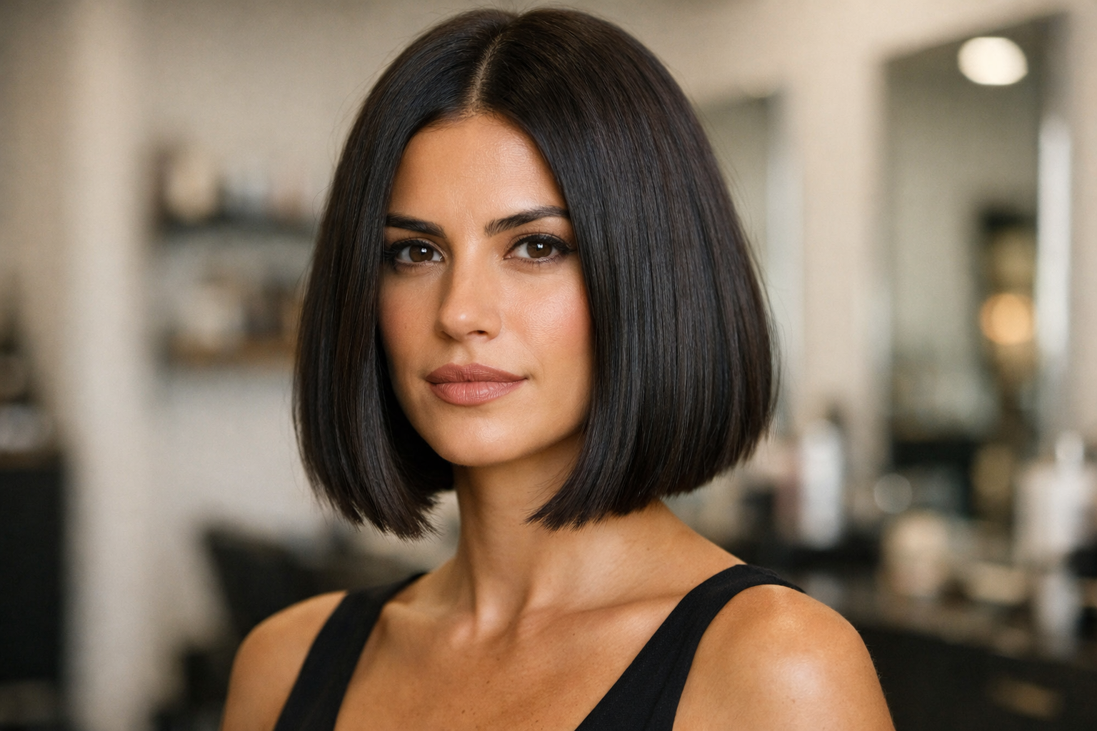 Corte bob na altura do queixo em mulher brasileira com rosto oblongo e cabelo liso