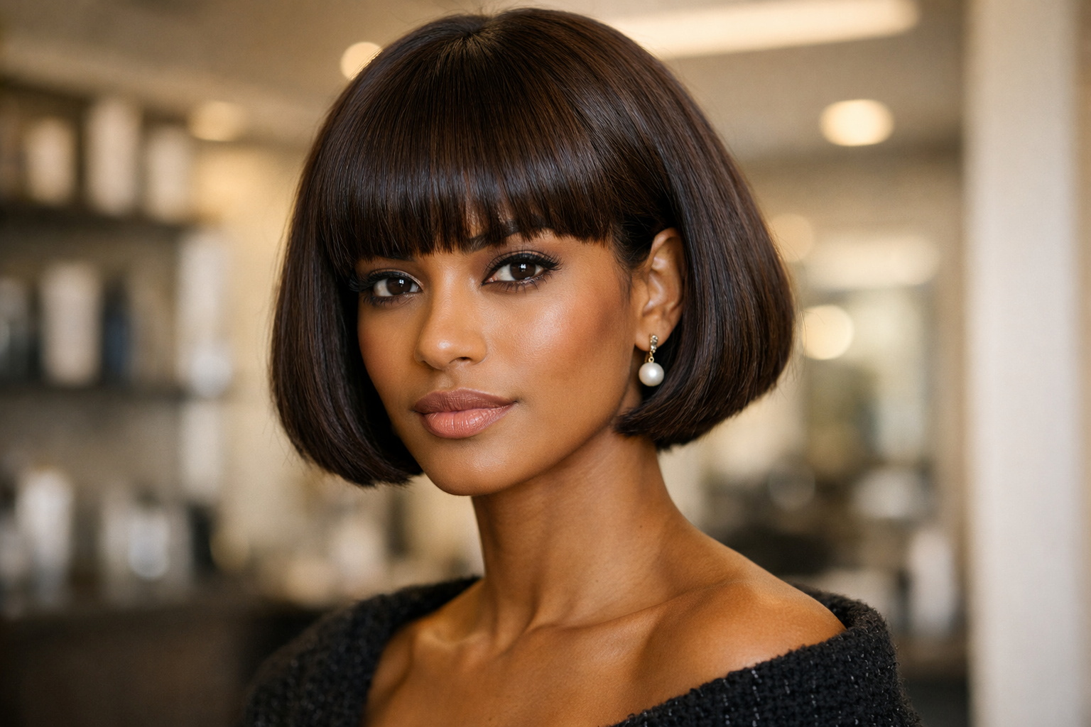 Chanel curto com franja em mulher brasileira com rosto oblongo