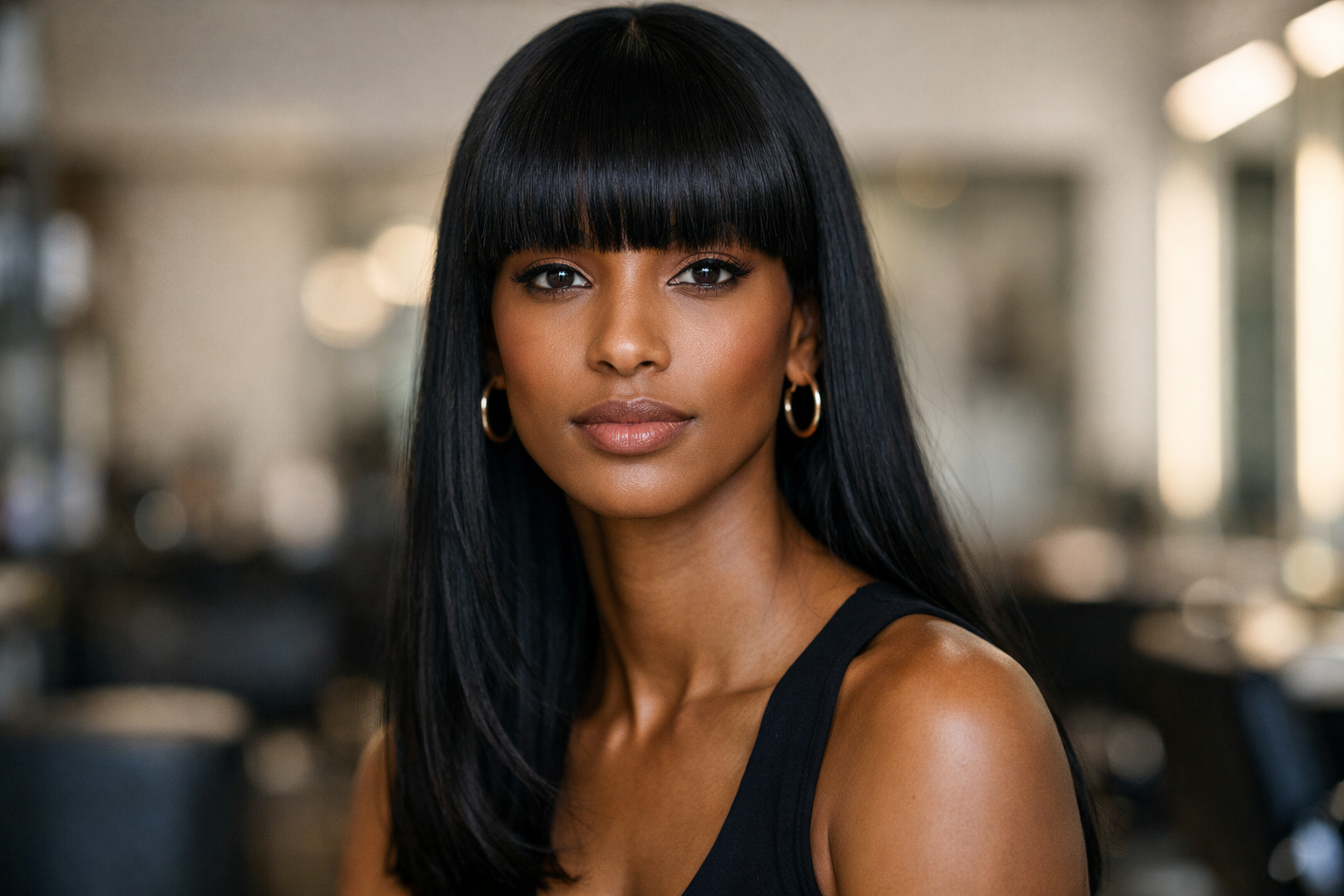 Franja reta na altura das sobrancelhas em mulher brasileira com rosto oblongo