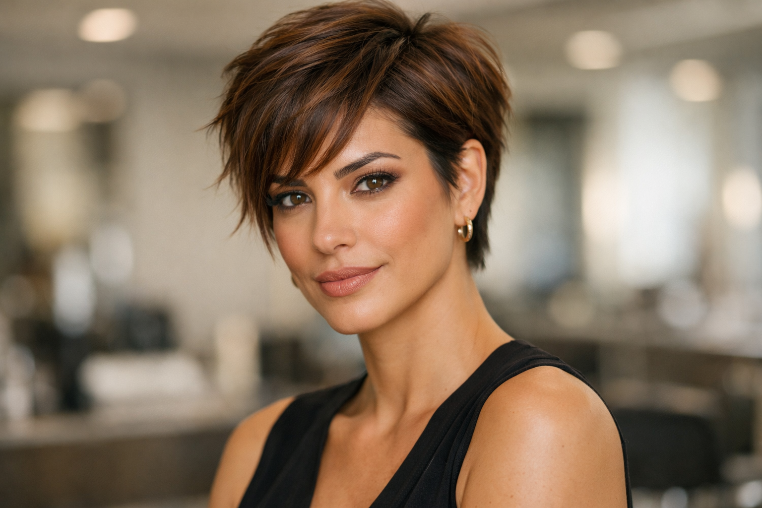 Corte pixie com volume lateral em mulher brasileira de pele clara com rosto oblongo