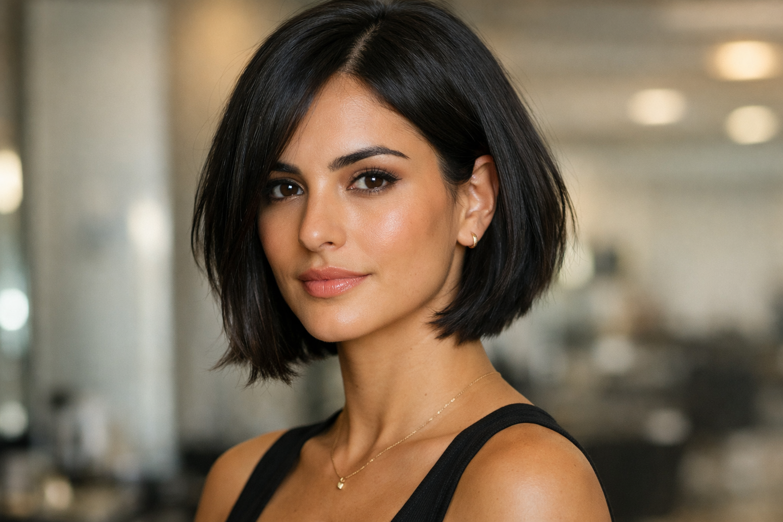 Bob texturizado na altura do queixo em mulher brasileira com rosto diamante