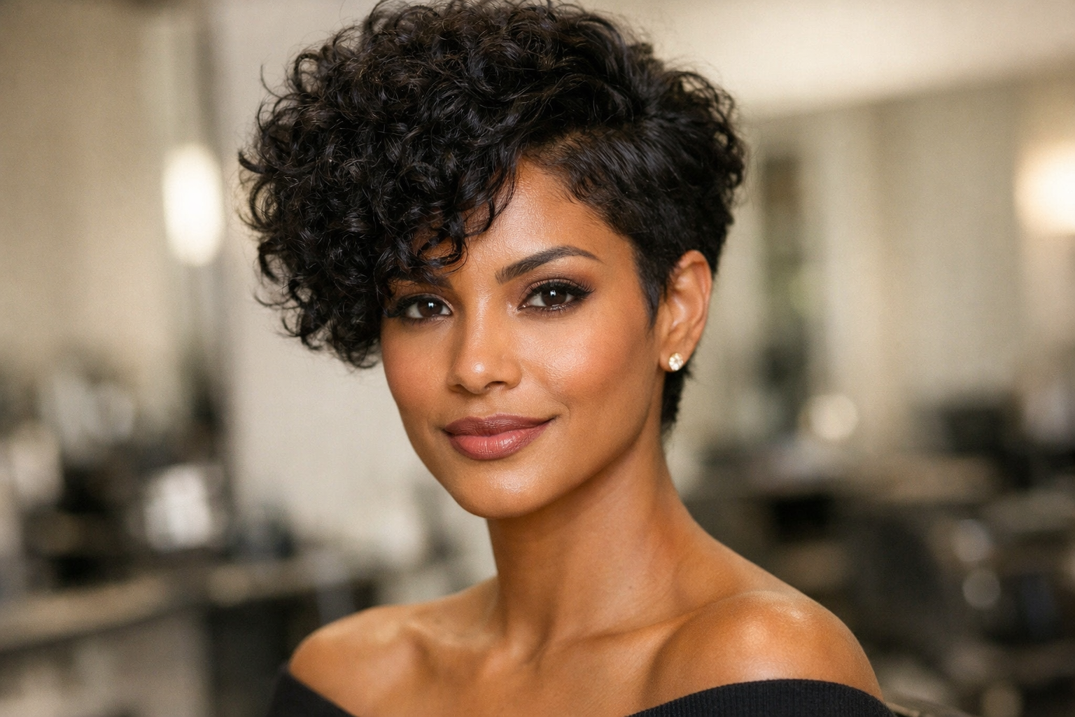Pixie com volume lateral em mulher brasileira com rosto diamante e cabelo cacheado
