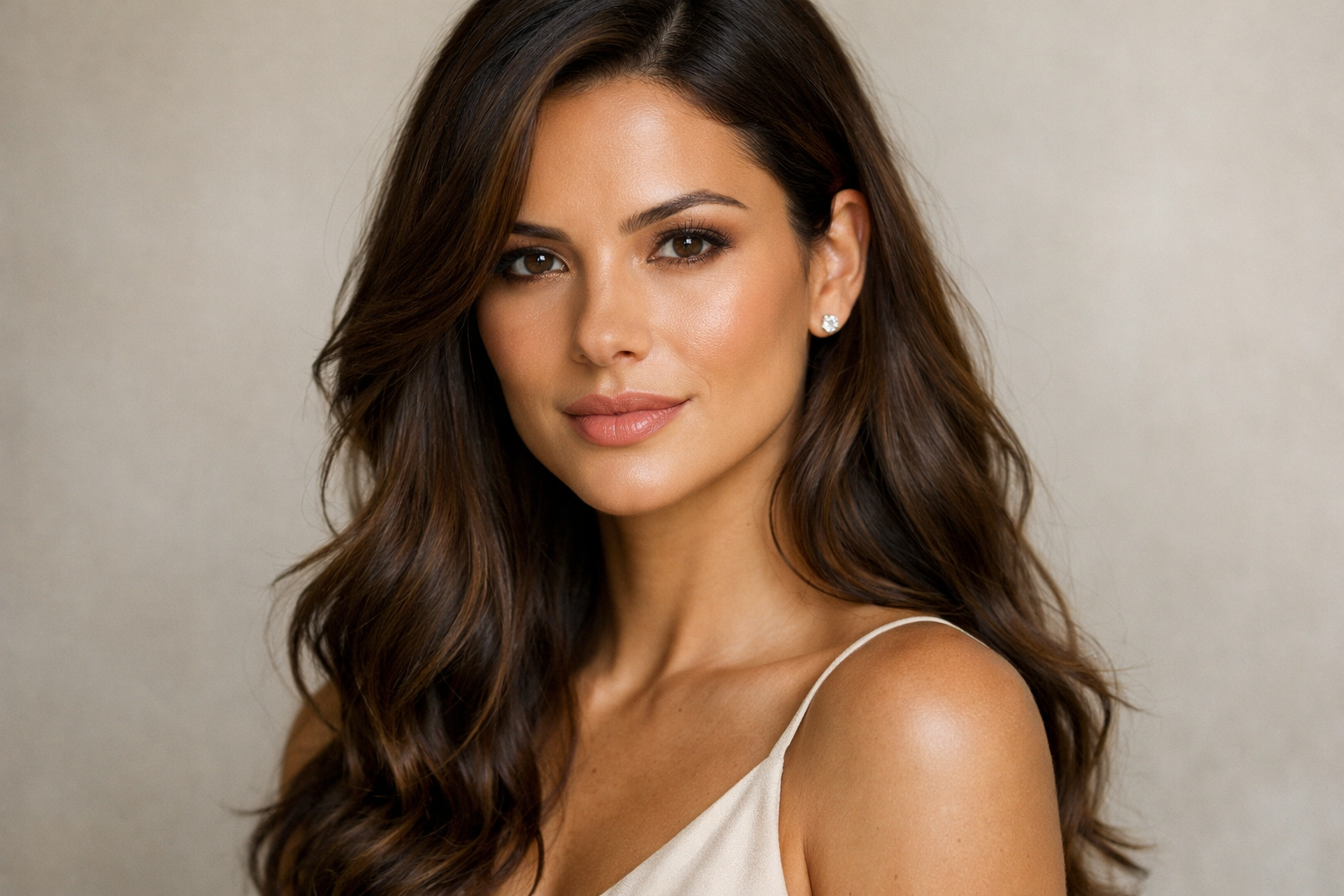 Cabelo longo com ondas suaves e side part em mulher brasileira com rosto diamante