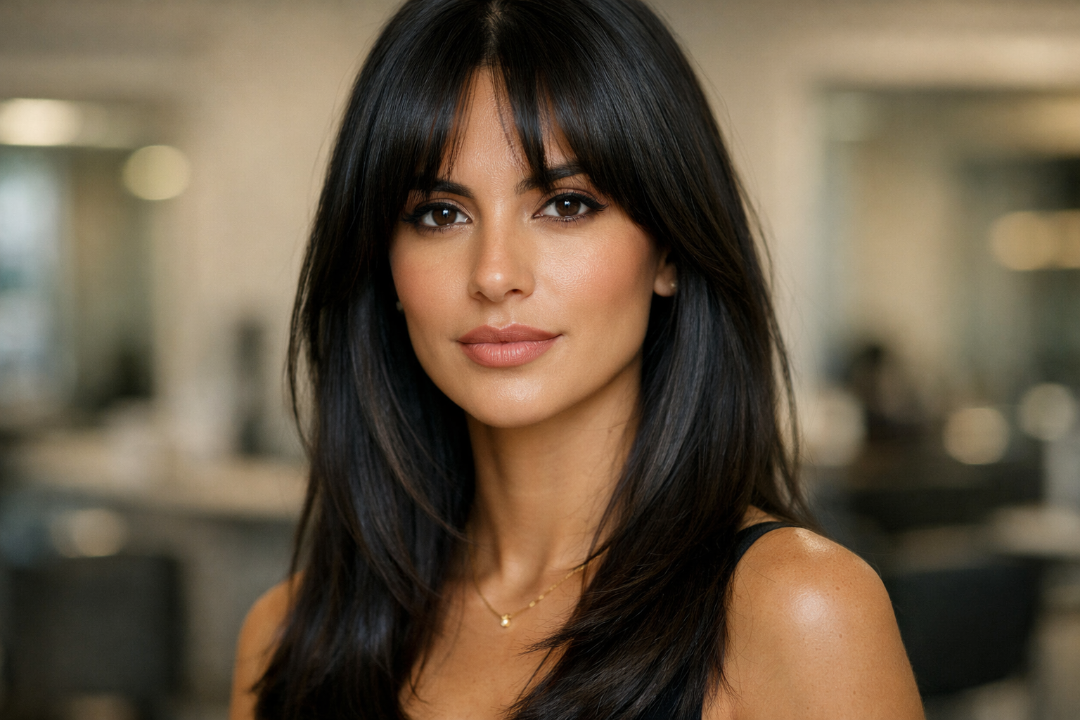 Franja cortina suave em mulher brasileira com rosto diamante e cabelo liso